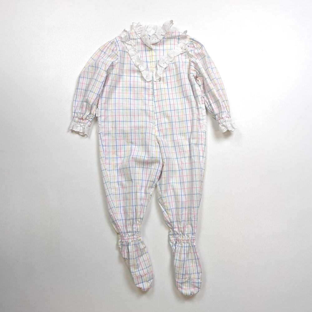 Vintage Homemade Pajamas Footies One Piece Girls Sz 12-18m Pastel Plaid